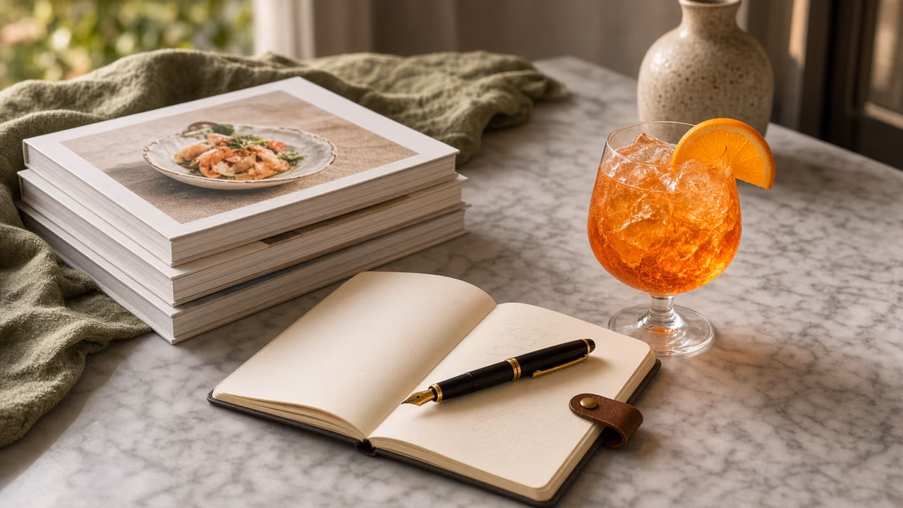 A notebook, a spritz and food magazines on a marble desk