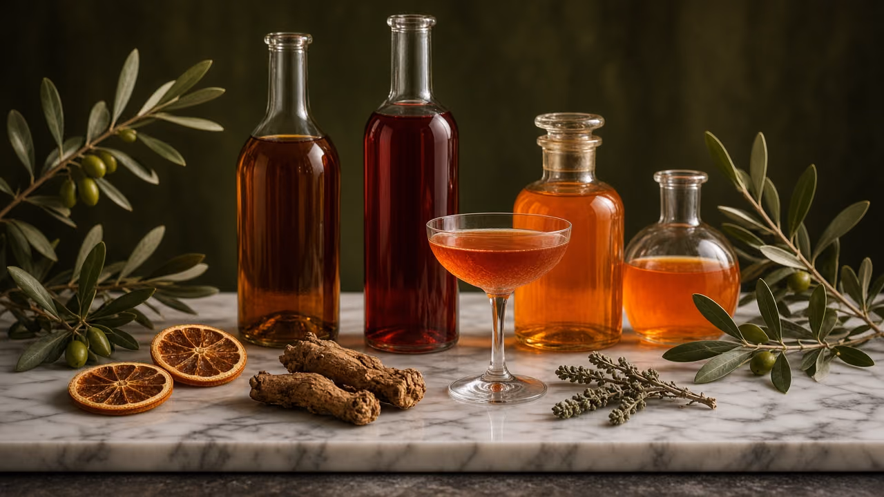 Unlabeled amber and ruby aperitif bottles with dried orange and herbs on marble