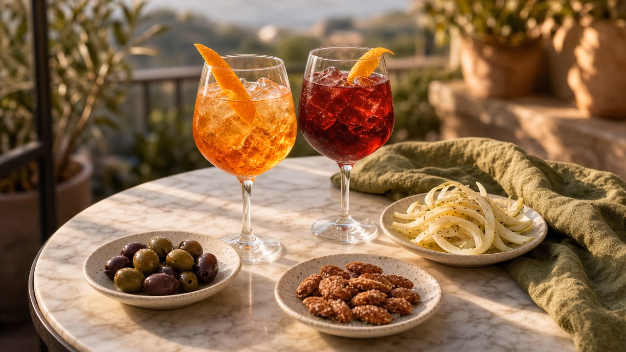 Two aperitivo drinks and small plates of olives and almonds on a marble table